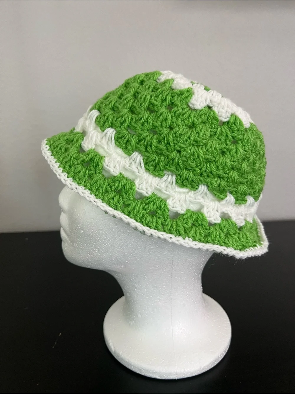 Green and White Crochet Bucket Hat for women - Handmade Knit Accessory